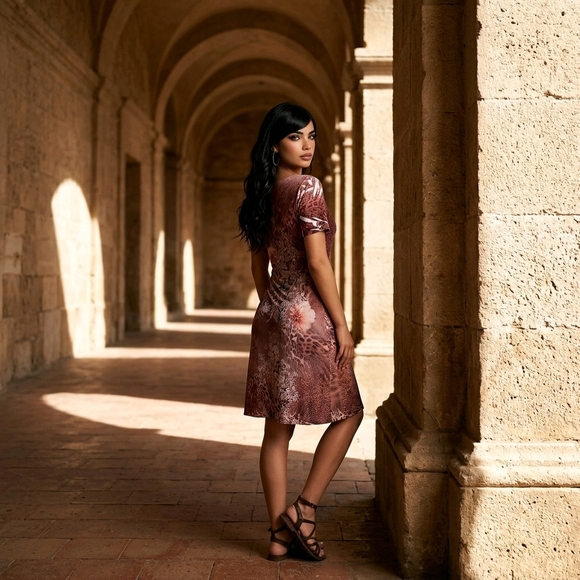 Dressbarn brand dress featuring a mixed floral & animal print in earthy brown 8 - Picture 5 of 13